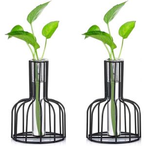 Station De Propagation en Verre avec Cadre en Métal, Lot De 2 Vases à Fleurs Noires, Tube à Essai pour Plante Hydroponique, Petit Vase à Bourgeon, Noir - Neuf