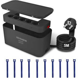 Multiprise 5 m avec bo&icirc;te de Rangement de c&acirc;bles, multiprises USB 5 Prises et 3 USB, multiprise de Protection Contre la surtension (2500 W) avec Interrupteur, 29,5 x 14 x 14,1 cm, Noir - Neuf