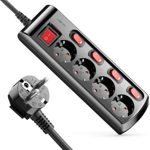 Bloc Multiprise 4 Prises Commutable Individuellement C&acirc;ble de 1,4m (4X Interrupteur Marche/Aarr&ecirc;t et 1x Interrupteur Principal) Courant Barrette &Eacute;lectrique Prise Multiple - Noir - Neuf