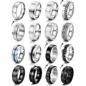 Tianyi-16 Pcs Bague Homme Acier Inoxydable Bague Argent Mat Noeud Celtique Biker Bague Noir Chaîne Bague Band Promise Ring - Neuf