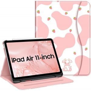 Coque pour iPad Air 11 Pouces M3/M2 (2025/2024), iPad Air 5/4 10.9 Pouces (2022/2020) - [Rangement de Stylet] Etui Multipositions Housse avec Poche de Cartes, Vache Fraise - Neuf