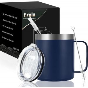 Tianyi-Gobelet De Camping En Acier Inoxydable - 350 Ml - Avec Couvercle Et Paille - Double Paroi - Avec Anse - Pour Le Café À Emporter - Bleu Marine - Neuf