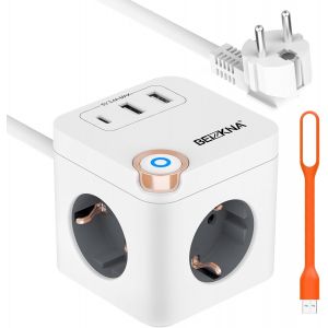 Cube multiprise, avec câble, 3 Prises, avec USB C, 3680 W, Adaptateur de Prise, Cube multiprise, 6 en 1, avec Interrupteur, pour Bureau, Maison, Voyage, Blanc, 2 m - Neuf