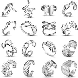Kgabery-16 Pcs Bague Femme Acier Inoxydable Bagues Boho Bague Minimaliste Fleur Coeur Papillon Bague Empilables Bagues De Pouce Ouvert Punk Bague Reglable Argent Bague Femme - Neuf