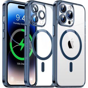 Kal-Coque Magnétique Transparente Pour Iphone 14 Pro (6.1'') Avec Objectif Film, [Compatible Avec Magsafe] [Protection Antijaune & Antirayure & Antichoc] Etui Housse Dur Avec Silicone Bord, Bleu - Neuf