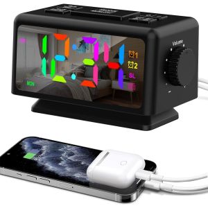 ERYI-Réveil Numérique Pour Chambre À Coucher, Veilleuses Rvb Dynamiques Colorées, Affichage À Chiffres Multicolores, Dimmable, Chargeur Usb, Radio-Réveil Fm Pour Les Dormeurs Profonds (Noir) - Neuf