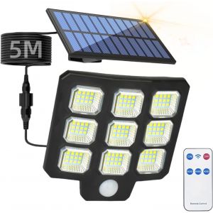 Lampes Solaires D'ext&eacute;rieur Avec D&eacute;tecteur De Mouvement - Projecteur Led Solaire Avec T&eacute;l&eacute;commande - &Eacute;tanche Ip65 - Panneau Solaire D'ext&eacute;rieur - Avec C&acirc;ble De 5 M - Pour Garage, Jardin - Neuf