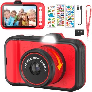 KALANKA-Appareil Photo Enfant, ULEWAY Grand écran 3,5"", Zoom Rotatif 360°, Appareil Photo HD 1080P avec Flash LED, Selfie 32 GB, Cadeau Jouet Fille et Garçons 3 4 5 6 7 8 9 10 11 12 Ans (Rouge) - Neuf