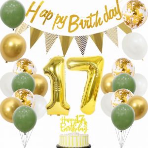 Décoration D'anniversaire Du 17e Anniversaire Pour Garçon Et Fille U2013 Sauge Verte, Blanche Et Dorée U2013 Décoration De Gâteau Pour Fête Des 17 Ans - Neuf