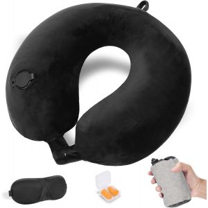 Trahoo-Coussin De Voyage Gonflable Pour Avion, Ultraléger Et Compact Oreiller De Voyage, Coussin De Nuque Pour Voyage, Avec Masque Pour Dormir, Bouchons D' Oreilles, Sac Transport Inclus - Neuf