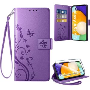 Sjzg-Coque Pour Samsung Galaxy A52 5g /A52s 5g/A52 4g + 1 Verre Tremp&eacute;, Retro Design Housse Premium En Cuir Pu Pochette De Portefeuille Pour Porte Cartes Fonction Stand Flip Etui, Violet - Neuf