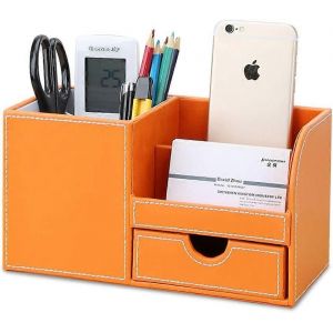 Bureau organisateur système d'organisation 4 compartiment de rangement en cuir PU boîte à stylos porte-stylo bureau - Neuf