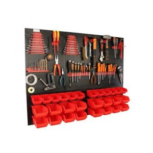 botle&reg; Panneau perfor&eacute; m&eacute;tallique, bacs empilables + &eacute;tag&egrave;re murale + porte-outils, lot de 55 pi&egrave;ces, 28 bacs empilables rouges - Neuf