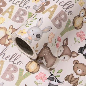 Rouleau De Papier Cadeau Kraft Baby Shower-Mini Rouleau-43,2 Cm X 5 M-Papier Cadeau Animaux De La For&ecirc;t Pour Baby Shower Et Anniversaire D'enfants. - Neuf