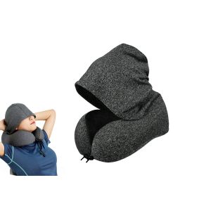Oreiller de voyage en forme de U avec capuche, housse amovible et noyau en mousse &agrave; m&eacute;moire de forme - Neuf