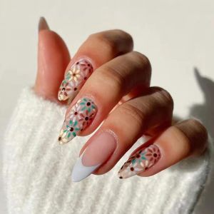 OAYEW-Press On Nails Astuce fran&ccedil;aise, symphonie des ongles artificiels fran&ccedil;ais, ongles courts en acrylique &agrave; coller avec de la colle &agrave; ongles, 24 pi&egrave;ces symphonie des fleurs - Neuf