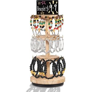 Sjzg-Support De Bracelet, Rotatif &Agrave; 3 Niveaux, Avec Panneau D'affichage, Rangement De Bijoux, &Eacute;tag&egrave;re &Agrave; Bijoux Rustique, Pour Porte-Cl&eacute;s, Pr&eacute;sentoir D'exposition En Bois (Naturel) - Neuf