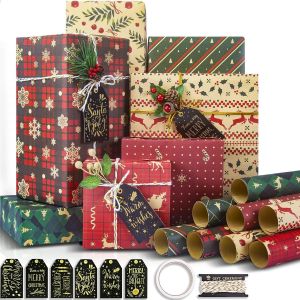 Papier Cadeau Kraft Noel, 8 Feuilles Emballages De Cadeaux De No&euml;l D&eacute;coratifs Papier, Emballage Cadeau Recycl&eacute; Avec 6 &Eacute;tiquettes + Corde D'emballage + Ruban Adh&eacute;sif Double Face,(70x50cm) - Neuf