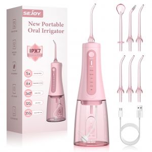 Sejoy Hydropulseur Jet Dentaire Rechargable Portable 350ml Avec 6 Buses Irrigateur Oral Electrique 5 Modes Ipx7 Étanche, Rose - Neuf
