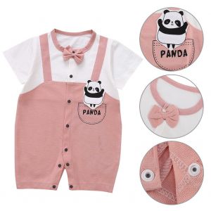 Combinaison D'ete Unisexe A Manches Courtes Pour Bebe, Motif Panda Et Noud Papillon (Rose 80) - Neuf
