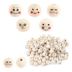 Lot de 100 perles en bois avec visage,boules en bois de 20 mm avec trou pour l'enfilage,têtes en bois pour l'inquiétude,perles en bois - Neuf