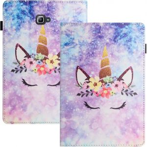 LORANKA-Coque pour Samsung Galaxy Tab A 10.1 (2016) PU Leder avec Porte Carte Fonction de Support Protection Compatible pour Tablette &Eacute;tui Tab A6 2016(SM-T580/T585)-Licorne - Neuf