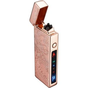 KALANKA-Personnalisé Briquet Électrique Indicateur de Batterie Briquet USB Plasma Rechargeable Coupe-Vent & sans Flamme, Briquet Double Arc avec Indicateur de Batterie pour Bougies/Grill (Doré Dragon - Neuf