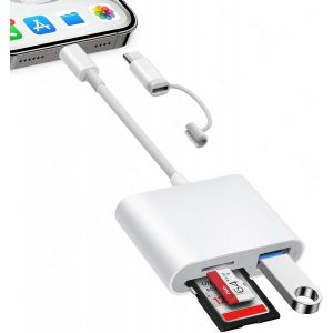 Lecteur Carte SD pour iPhone/iPad/MacBook/Mac/Cam&eacute;ra (Port Lightening et Port USB C), SD Card Reader avec 3 Fentes, CarteSD et Micro SD et Fente USB, Adaptateur Carte SD, Plug and Play - Neuf