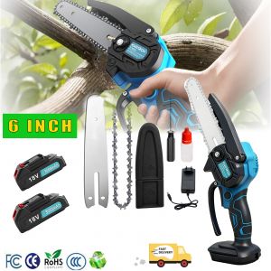 Mini scie &agrave; cha&icirc;ne sans fil &eacute;lectrique de 6 pouces, scie &agrave; cha&icirc;ne portative &agrave; piles avec 2 piles 3.0ah et 1 cha&icirc;ne pour couper le bois et tailler les arbres - Neuf