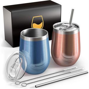 Ytfhg-Lot De 2 Verres À Vin En Acier Inoxydable De 300 Ml À Emporter, Garde Au Chaud Pendant 5 H / 10 H Au Froid, Sans Bpa, Double Paroi Isolée Sous Vide, Cadeau De Camping Pour Femme, Bleu - Neuf