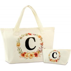 ERSHI-Sac Fourre-Tout en Toile avec Initiale Fleur,sac de courses décontracté pour femme, grand sac de courses en toile, sac fourr[7 - Neuf