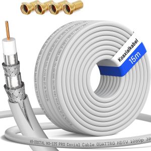 15m 135dB C&acirc;ble SAT coaxial HQ-135 PRO 4 fois blind&eacute; pour les syst&egrave;mes DVB-S/S2 DVB-C et DVB-T BK + 4 prises F dor&eacute;es Gratuit - Neuf