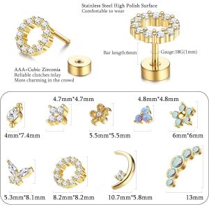 Boucle D'oreille Cartilage 16g Pour Femme Boucles D'oreilles À Dos Plat À Vis En Acier Inoxydable 316l Papillon Lune Fleur Opale Cartilage Tragus Daith Helix Boucles D'oreilles Pie[Bou9241861] - Neuf