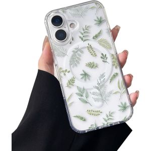TRAHOO-Coque Magn&eacute;tique pour iPhone 17, &Eacute;tui Souple Transparent avec Motif Fleurs Compatible avec Magsafe Charge sans Fil, Coque Protecteur R&eacute;sistant- Feuille Verte - Neuf