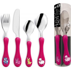 Sjzg-- Tube 4 Couverts Pour Enfants - Enfant - Acier Inoxydable 18/0, Finition Brillante - Rose Fushia - Neuf