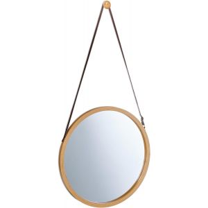 Miroir Suspendu Rond, Sangle r&eacute;glable, Cadre Bambou, entr&eacute;e, Salle de Bain & WC, diam&egrave;tre : 38 cm, Nature - Neuf