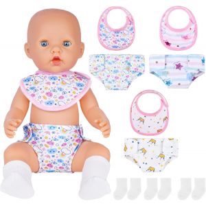 Kalanka-Accessoires Pour Poup&eacute;es : 9pcs Couche, 3 Paires De Chaussettes, Accessoire D&iquest;Alimentation, Bavoir R&eacute;utilisable, Couche Autocollante Pour Poup&eacute;es 14-16 - Neuf