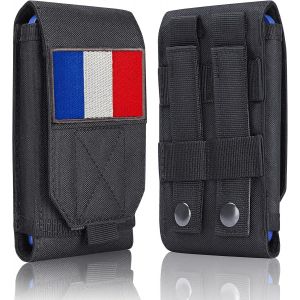 KAL-Étui Tactique Molle Étanche Pour Téléphone Portable - Iphone 11 12 13 Pro Max Samsung S22 S21 S20 Fe Note 20 A02S Moins De 17 Cm Avec 1 Patch Drapeau La France, Noir Et 2 Patchs Noir/Rouge - Neuf