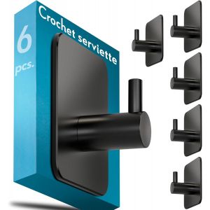 TIANYI-6 Pi&egrave;ces Crochet Adhesif Mural Noir - Porte Serviette Salle de Bain Imperm&eacute;able, Portemanteau Autocollant Acier Inox, Accroche Pour Torchon de Cuisine - Neuf