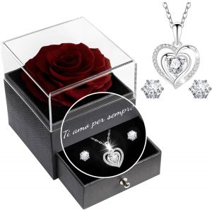 Rose Eternelle avec Parure de Bijoux Brillante, Cadeau Anniversaire Femme,u201cJe t'aime pour Toujoursu201den Italien Imprim&eacute; sur la Bo&icirc;te, Cadeaux de Saint-Valentin pour Elle,Vraie Rose Rouge Vineux - Neuf