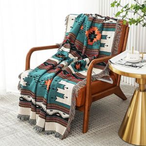 Ulteronixshop-Couverture de canap&eacute; Boho avec pompon &iquest; Couvre-lit de couverture de canap&eacute; r&eacute;versible de style ethnique azt&egrave;que &iquest; pour la maison, le bureau, les voyages, le camping (for&ecirc;t verte, 130*18 - Neuf