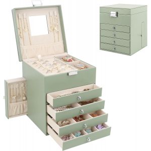 Boîte À Bijoux À 5 Niveaux, Coffret À Bijoux Avec 6 Tiroirs, Boîte À Bijoux En Pu Avec Tiroirs Latéraux, Grand Organisateur De Bijoux Pour Bagues, Bracelets, Colliers, Vert Avocat - Neuf
