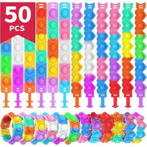 KAL-Bracelets Anti Stress Enfants 50 Pop It Fidget Toys Pop Style Bracelet Réglables D'Ours Doux Jouets Sensoriels À Bulles Garçons Filles Anniversaires, Récompenses Et Petits Cadeaux - Neuf