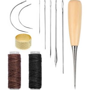Yemaesre-Kitde Couture Pour Cuir, Aiguille À Coudre En Cuir Avec Fil Ciré De 12 M, Kit De Réparation Avec Poinçon De Perçage De Cordon Et Dé À Coudre, Aiguilles À Coudre À La Main Pour Tapis Et Canap - Neuf