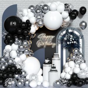 CAUC-Kit d'Arche Guirlande Ballons Noir Blanc Argent, 127pcs Kit d'Arche Guirlande Ballons Noir Blanc Mat, Ballon Argent&eacute; M&eacute;tallique Avec Ballon Confettis Pour Les D&eacute;corations F&ecirc;te Dipl&ocirc;mes Mari&eacute;e Ma - Neuf