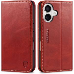 Sjzg-Etui Cuir V&eacute;ritable Pour Iphone 17 6,3 Pouces 5g 2025, Coque Rfid Blocage, Fente Pour Carte, Fonction Support, Tpu Protection Efficace, Antichoc, Housse - Rouge R&eacute;tro - Neuf