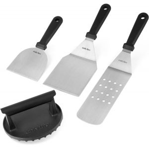 Ulteronixshop-Set de Accessoires Plancha, Contient Presse &agrave; Burger en Fonte, Longue Spatule Perfor&eacute;e et 2 Spatules, Kit Ustensiles Plancha pour Plaque de Barbecue, Teppanyaki, Camping, 4 Pi&egrave;ces - Neuf