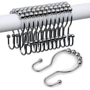 Anneaux de rideau - lot de 12 pièces Design - boule - double crochet - acier inoxydable - silencieux - crochets de rideau - rideau de douche - rideau de douche - Neuf