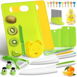 OAYEW-Couteau pour Enfants, 27 Pi&egrave;ces Kit Couteau de Cuisine, Couteau S&eacute;curit&eacute; de Montessori Avec couteau ondul&eacute; et planche &agrave; d&eacute;couper pour Couper des Fruits ou L&eacute;gume - Neuf