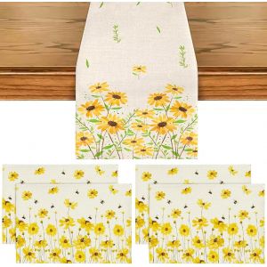 ERYI-4 Pcs Set De Table + 1 Chemin De Table Fleurie, 30 X 45Cm Marguerite Jaune Set De Table Lavable, 33 X 183Cm Chemin De Table Moderne Printemps - Neuf
